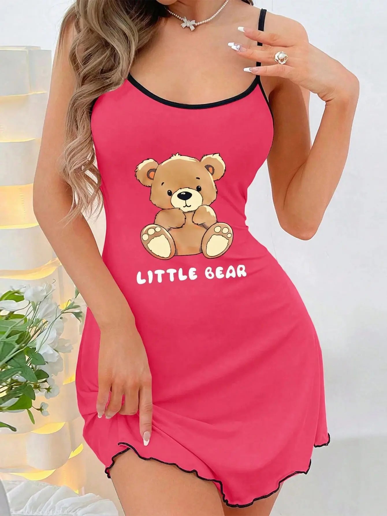 Womens Cute Bear Print Nightgown Cami Dress with Spaghetti Straps and Lettuce Hem Y2K Style - Allurra Store