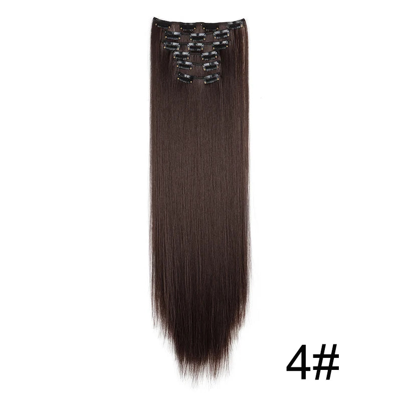 Synthetic Hair Extensions 24 Inch - 16 Clips Long Straight Hairstyle Blonde Black Heat Resistant Hairpieces for Daily Use