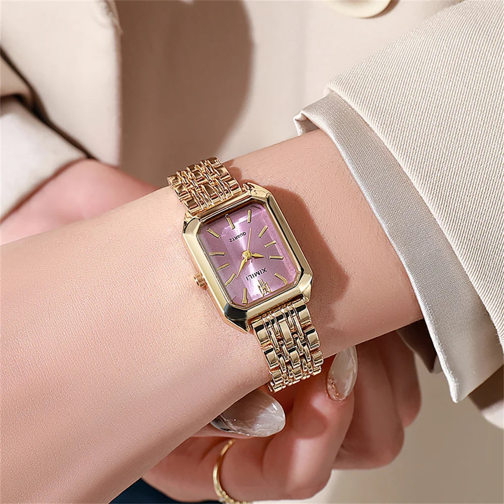 Luxury Ladies Quartz Watch - Simple Scale Square Gold Plated Business Stainless Steel Folding Clock