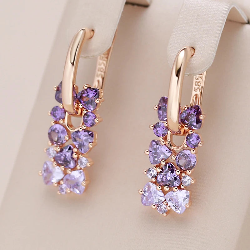 Kinel Hot Shiny Purple Zircon Drop Earrings for Women - 585 Rose Gold Wedding Jewelry Gift
