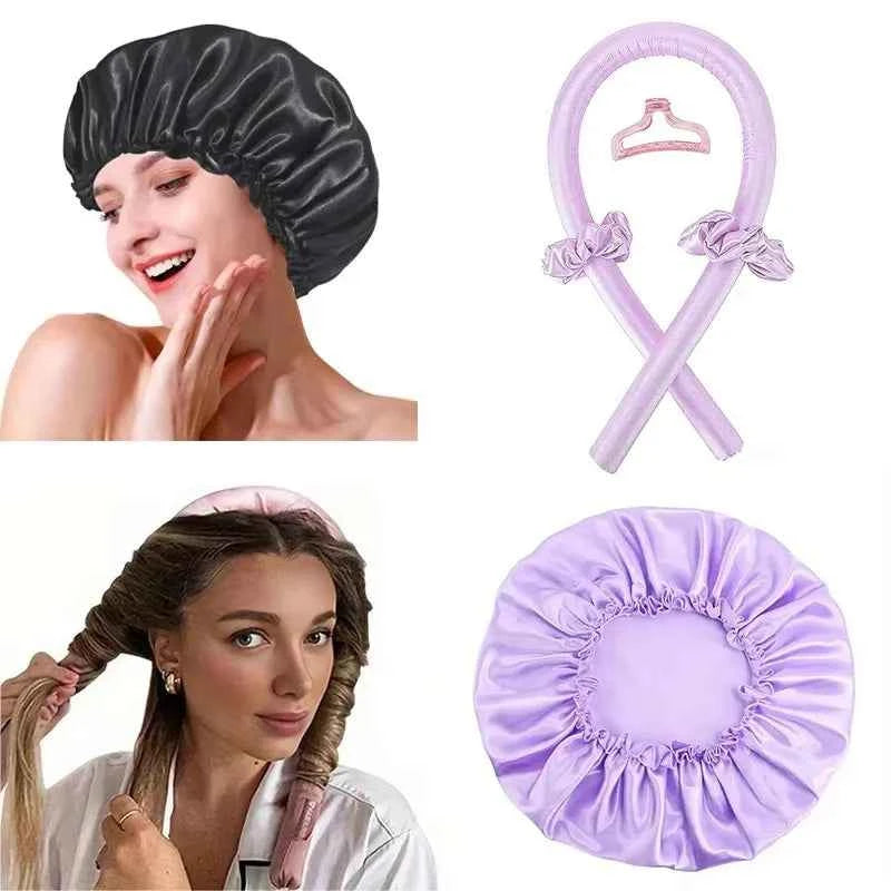 2pcs Heat Free Hair Curler Set - Satin Silk Sleeping Cap and Headwrap for Natural Curly Hair Care