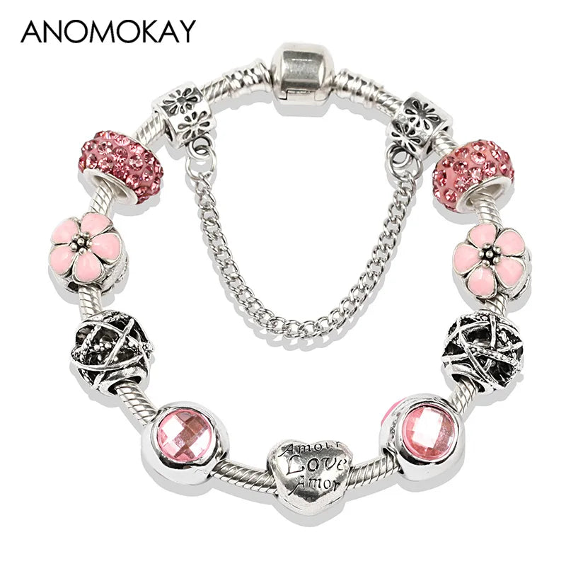 Valentine's Heart Crystal Bracelet - Elegant Pink Charm Bracelet for Loved Ones