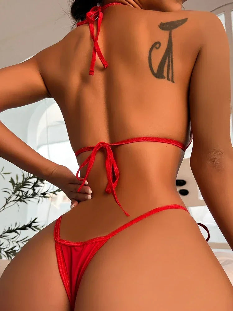 Women Hollowed Out Love Plus Size Erotic Lingerie Set Black G-string and Red Porn Micro Bikini Thongs