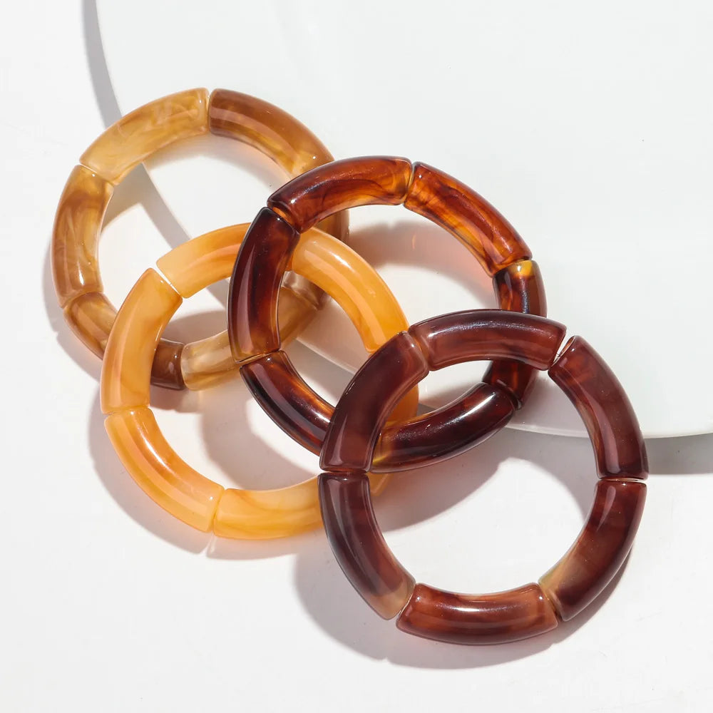Fashion Acrylic Bracelet Set - 4PCS/Set Resin Amber Bamboo Bead Elastic Bangles Tube Beads Handmade 2024 Trendy Designer Bracelet Set