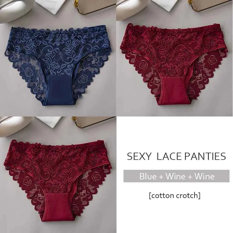3PCS Set Luxury Floral Lace Panties Women Briefs Sexy Hollow Lingerie Breathable Underwear