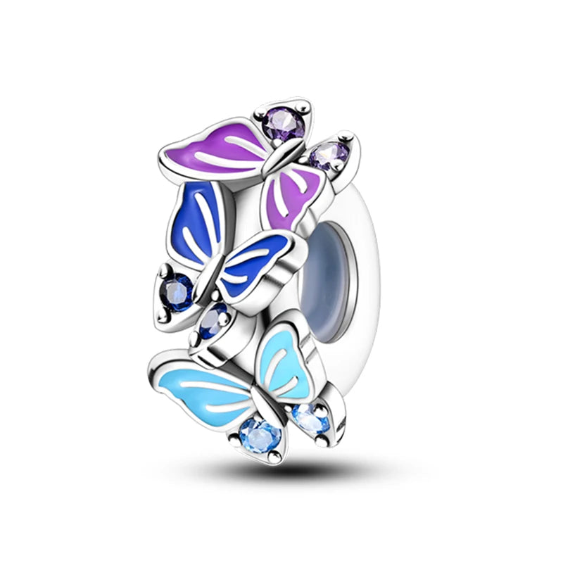 100% 925 Sterling Silver Butterfly Charm with Rainbow Zircon Colorful Dragon Shaped Silicone Stopper for DIY Bracelets Jewelry
