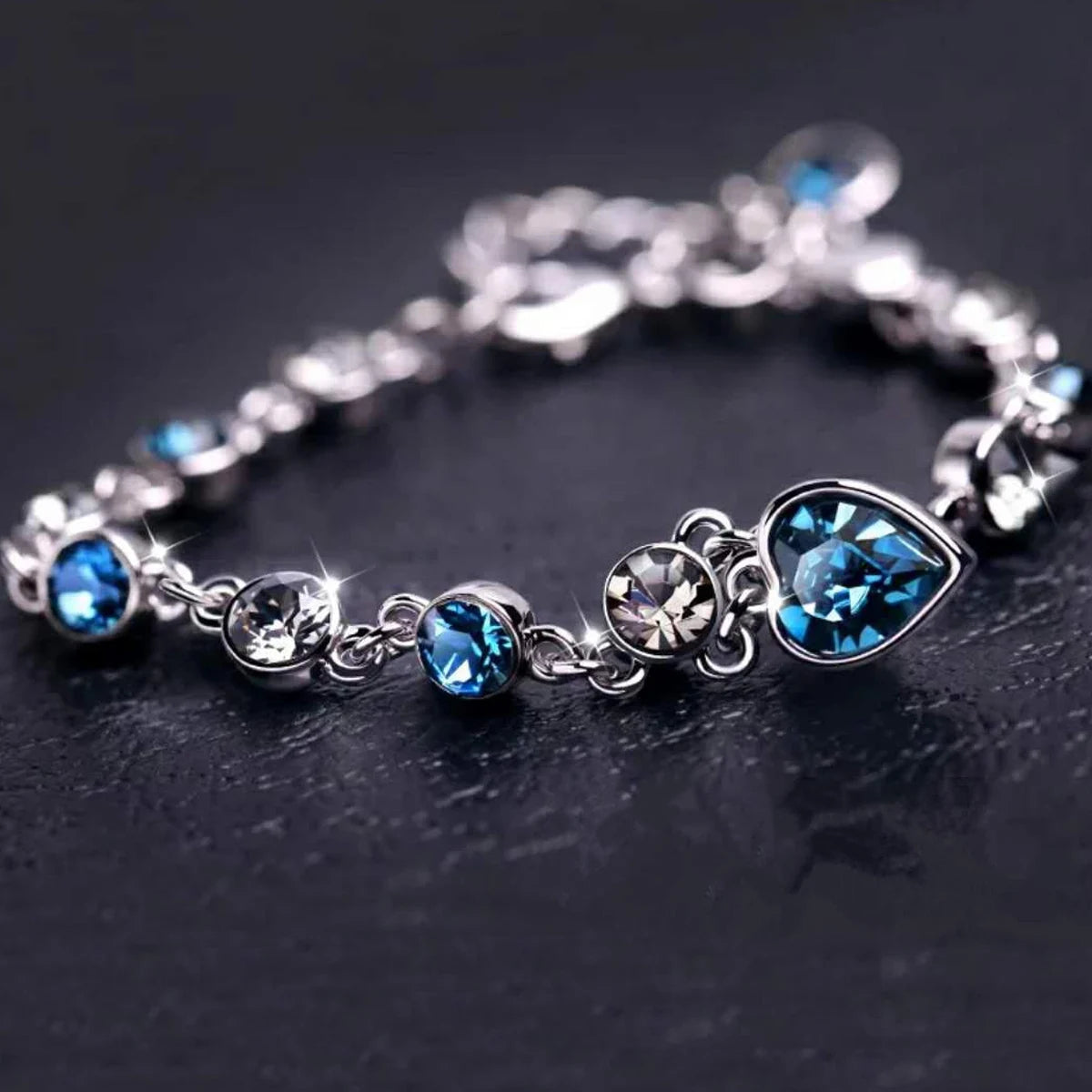 Women Silver Blue Crystal Heart Bracelet - Lucky Charm Pulseras for Bridal Wedding Engagement Fine Jewelry Gift