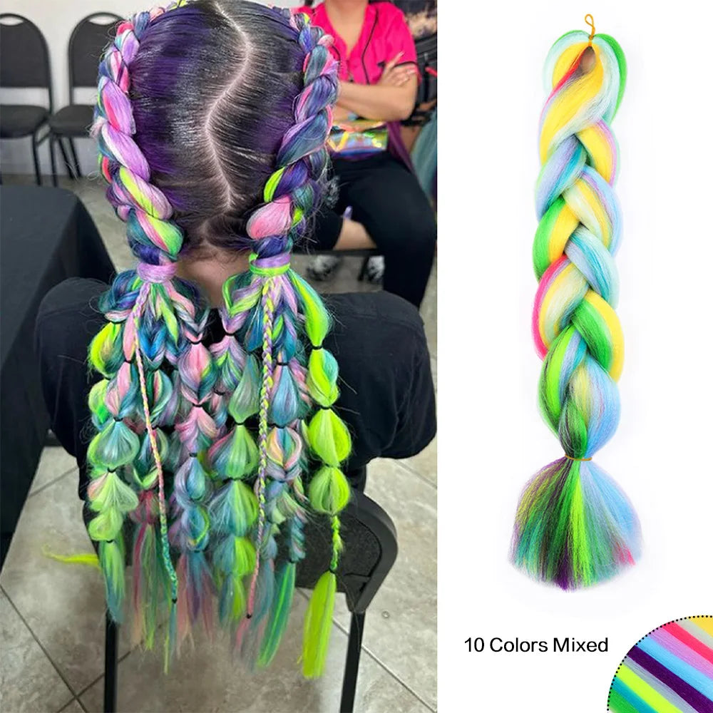 Jumbo Rainbow Braiding Hair Extensions - Four Silky Colorful Twist Fiber Mix Synthetic Braids