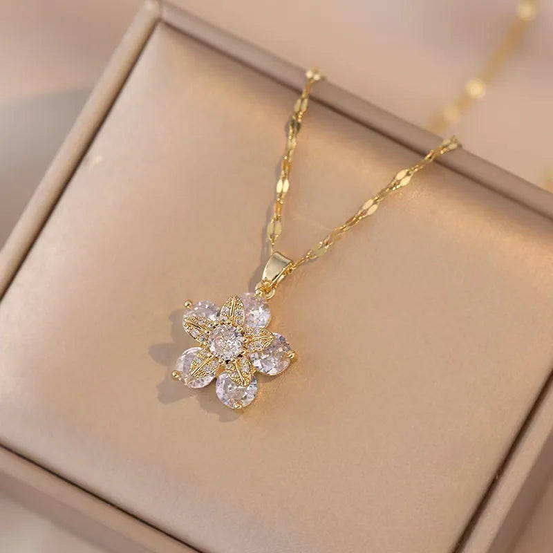 Light Luxury Zircon Flower Pendant Necklace for Women - Gold Color High-Quality Chain Jewelry Party Gifts