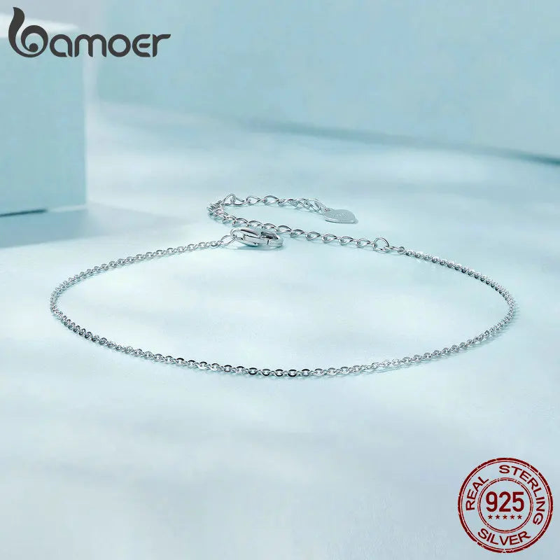 BAMOER 925 Sterling Silver Anklet Solid Sparkling O Chain Ankle Bracelet for Women Minimalist Summer Jewelry SCT027