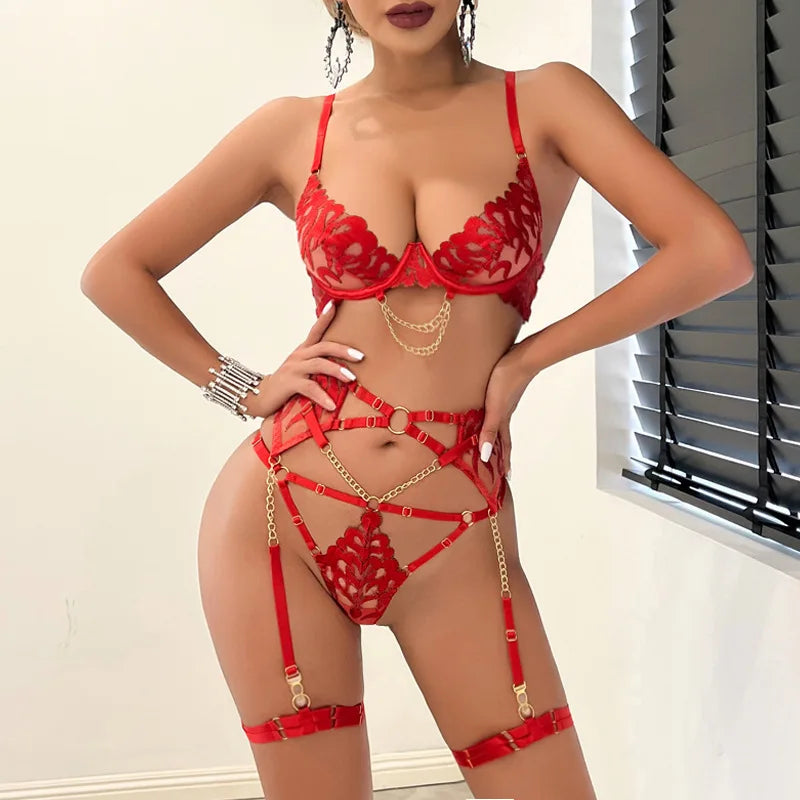 Ellolace Sexy Lingerie Sets Red Hot Push Up Fantasy Brazilian Intimate Transparent Lace Outfits