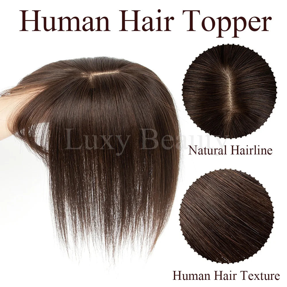 Brown Human Hair Topper with Bangs for Women - 8cmX12cm with Black Highlights for Blonde Skin, Clip-in Hair Piece