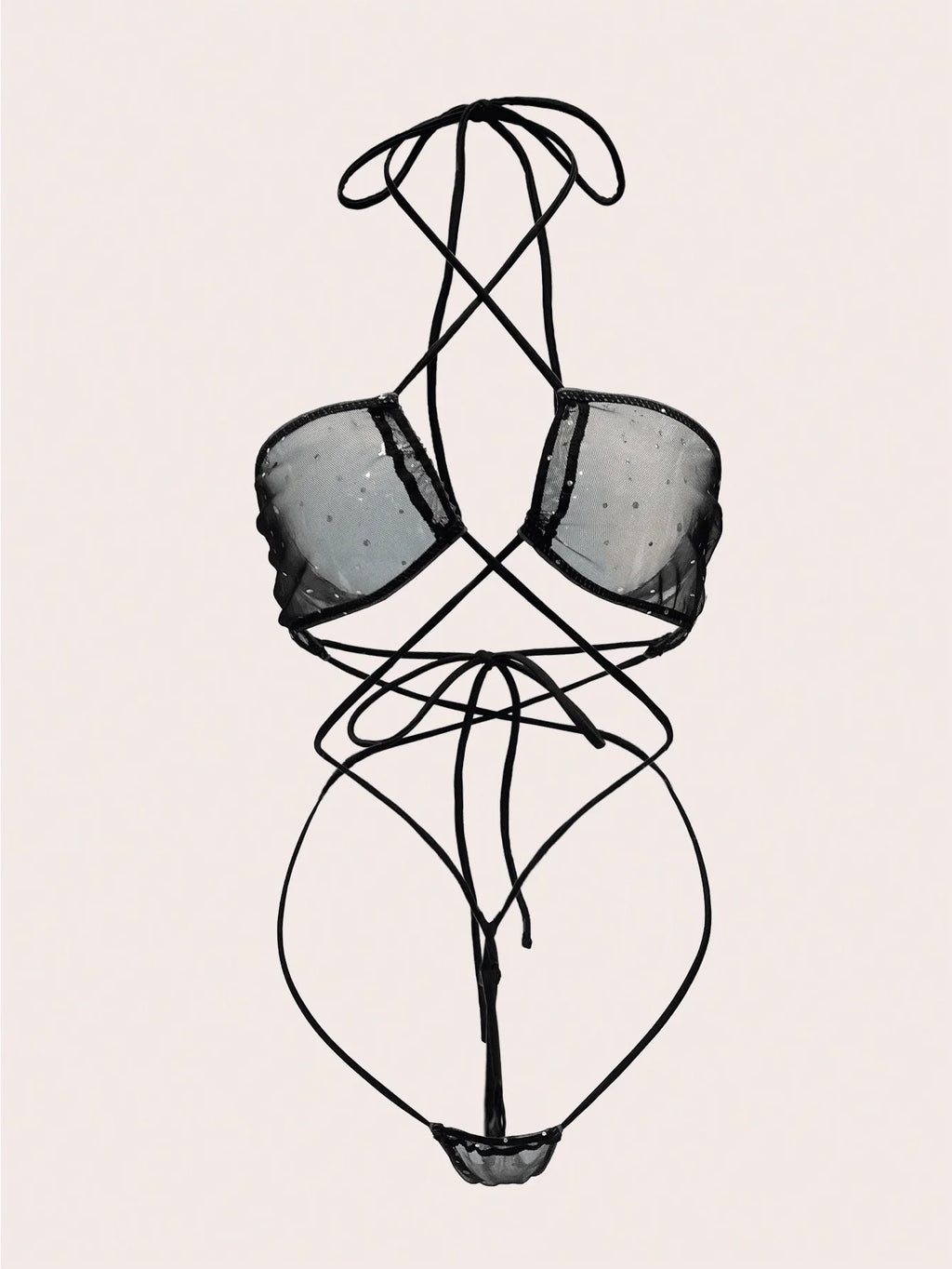 One-Piece Set of Women's Sexy Sequin Mesh Underwear with Hanging Neck and Tie Decoration