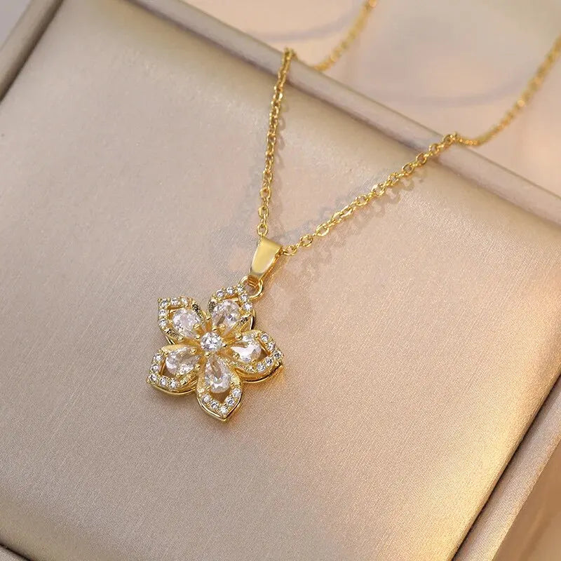 Light Luxury Zircon Flower Pendant Necklace for Women - Gold Color High-Quality Chain Jewelry Party Gifts