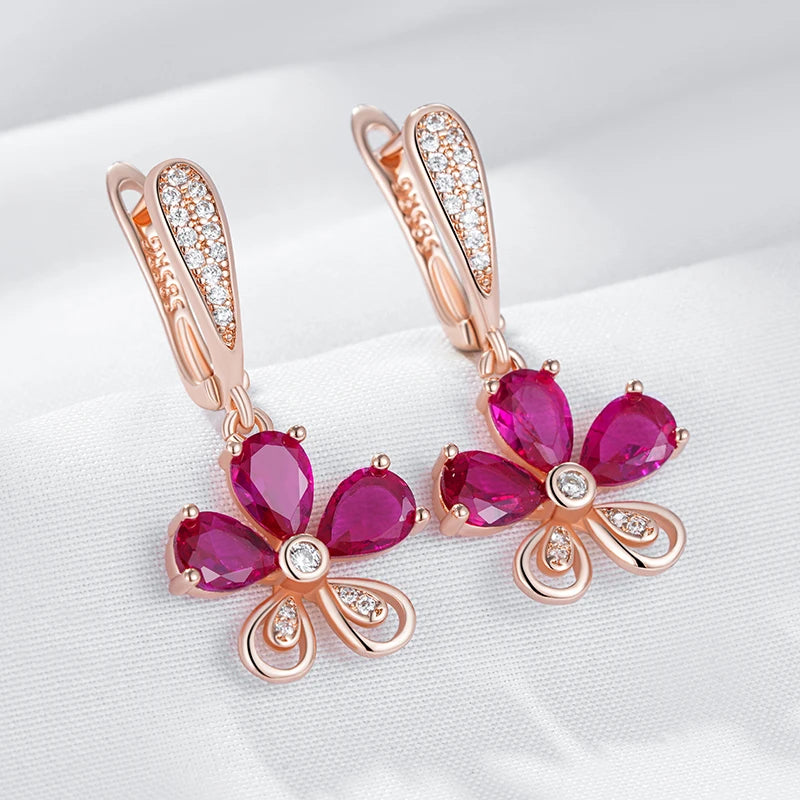 Kinel Red Zircon Drop Earrings - Fashion 585 Rose Gold Color Crystal Flower Accessories for Women