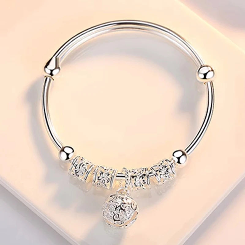 Fine 925 Sterling Silver Bangles Adjustable Hollow Bells Ball Bracelets for Women Fashion Holiday Gifts Party Wedding Jewelry