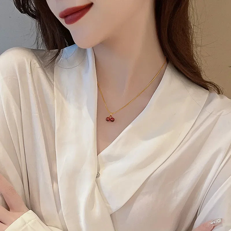 Little Wine Red Cherry Pendant Necklace for Women - Fashion Fruit Golden Chain Jewelry for Parties and Birthday Gifts
