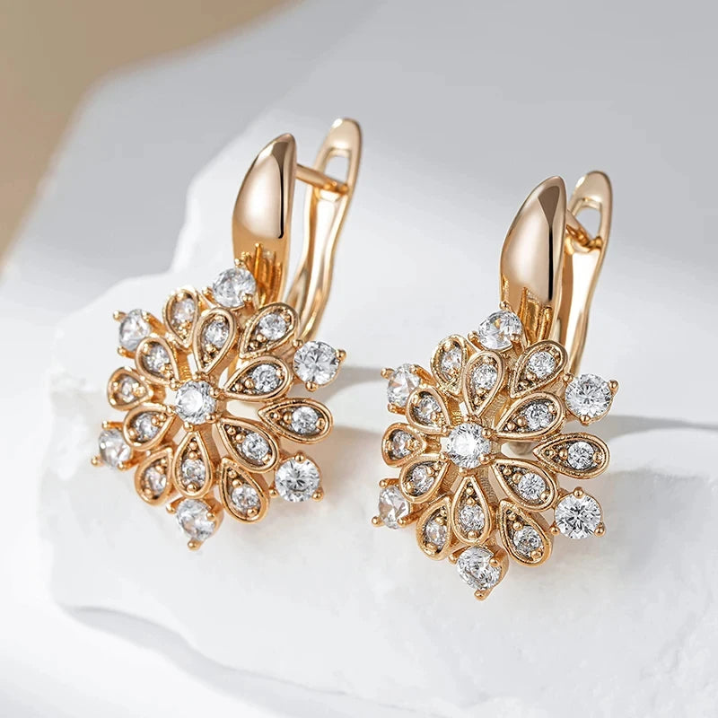 Wbmqda Luxury Crystal Flower Drop Earrings for Women in 585 Rose Gold with White Natural Zircon - Vintage Wedding Jewelry Gifts