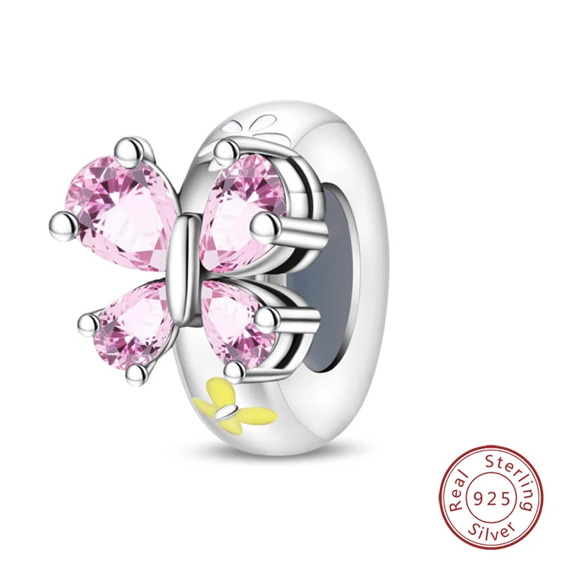 100% 925 Sterling Silver Butterfly Charm with Rainbow Zircon Colorful Dragon Shaped Silicone Stopper for DIY Bracelets Jewelry