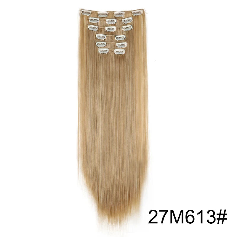 Synthetic Hair Extensions 24 Inch - 16 Clips Long Straight Hairstyle Blonde Black Heat Resistant Hairpieces for Daily Use