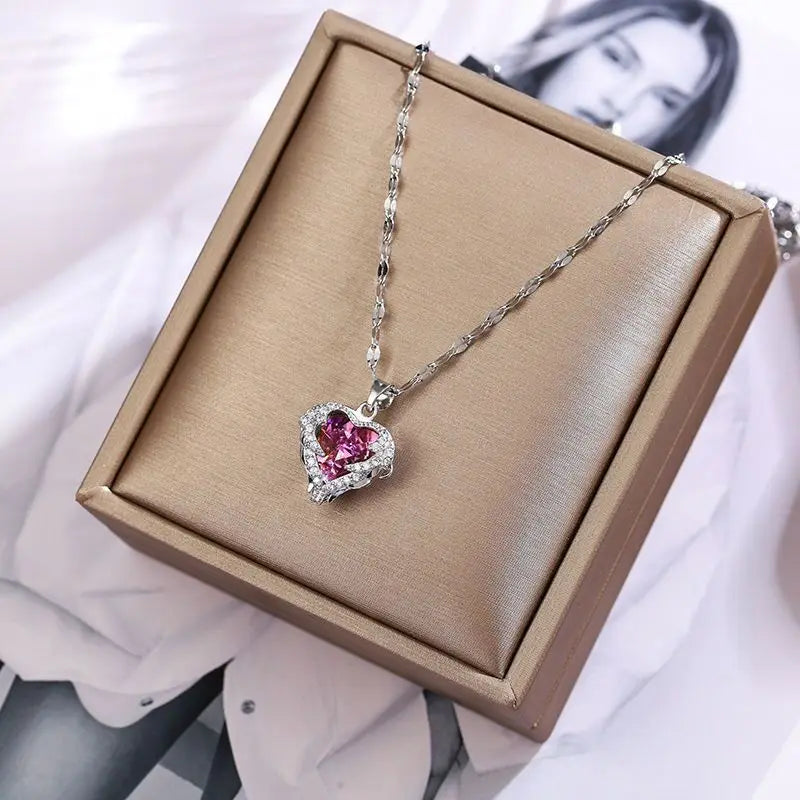 Top Luxury Crystal Heart Necklace - Colorful Ocean Pendant for Women in 316L Stainless Steel