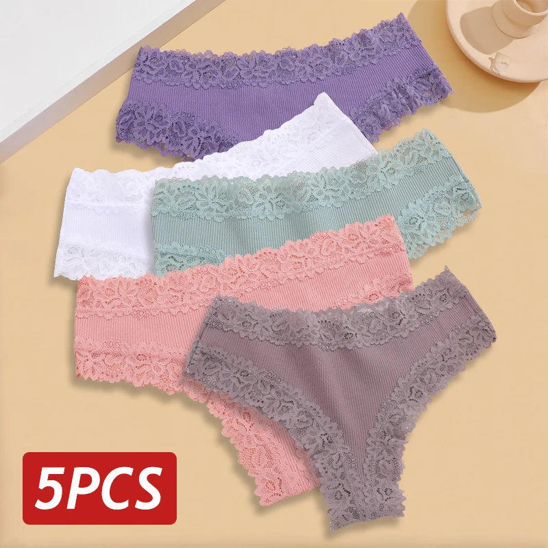 5PCS Women Lace Seamless Panties Sexy Brazilian Breathable Cotton Underwear Soft Plus Size Lingerie S-XL - Allurra Store