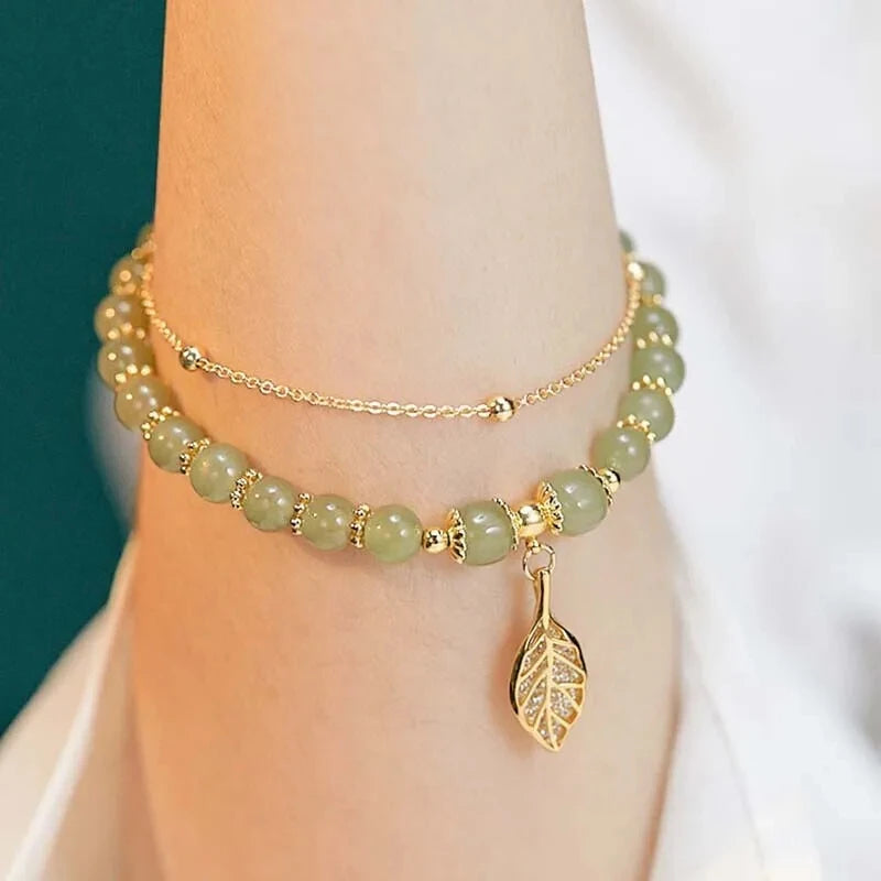2026 Chinese Green Jade Bracelet for Women with Exquisite Gold Color Leaves – Double Chain Bangle Wrist Strap Gift for Girls