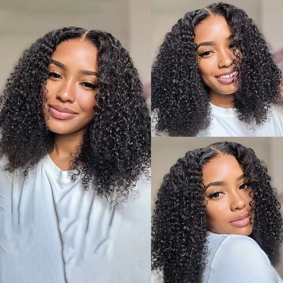 100% Human Hair Kinky Curly Bob Wig - 13x4 Transparent Lace Front, 12-14 Inches, 220% Density, Pre-Plucked Deep Wave
