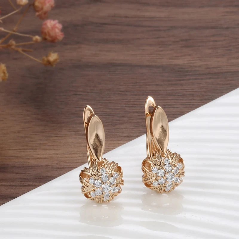 Kinel Hot Crystal Flower Earrings for Women in Luxury 585 Rose Gold Color with Natural Zircon Vintage Fine Jewelry