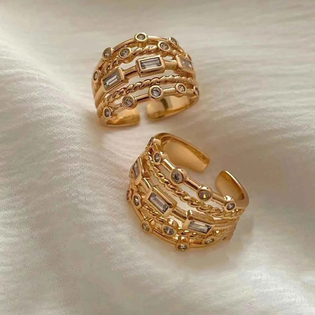 18K Gold Plated Sun Rings for Women with Natural Stone Inlaid in Hollow Metal Texture - Trendy Jewelry