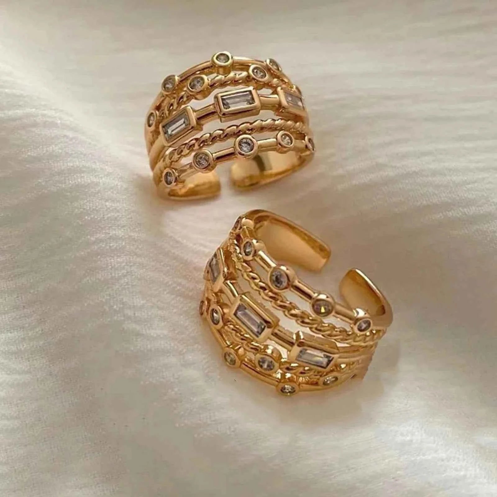 18K Gold Plated Sun Rings for Women with Natural Stone Inlaid in Hollow Metal Texture - Trendy Jewelry