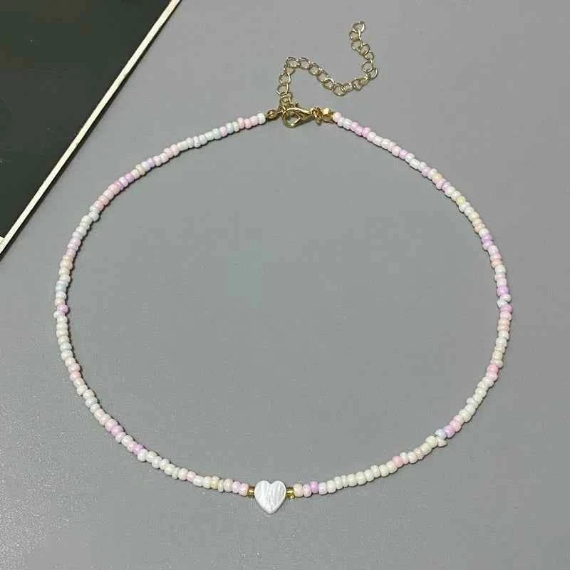 Nature Shell Heart Choker Necklace - Colorful Glass Beads Spring Summer Fashion Accessory for Girls, Perfect Gift for Friends