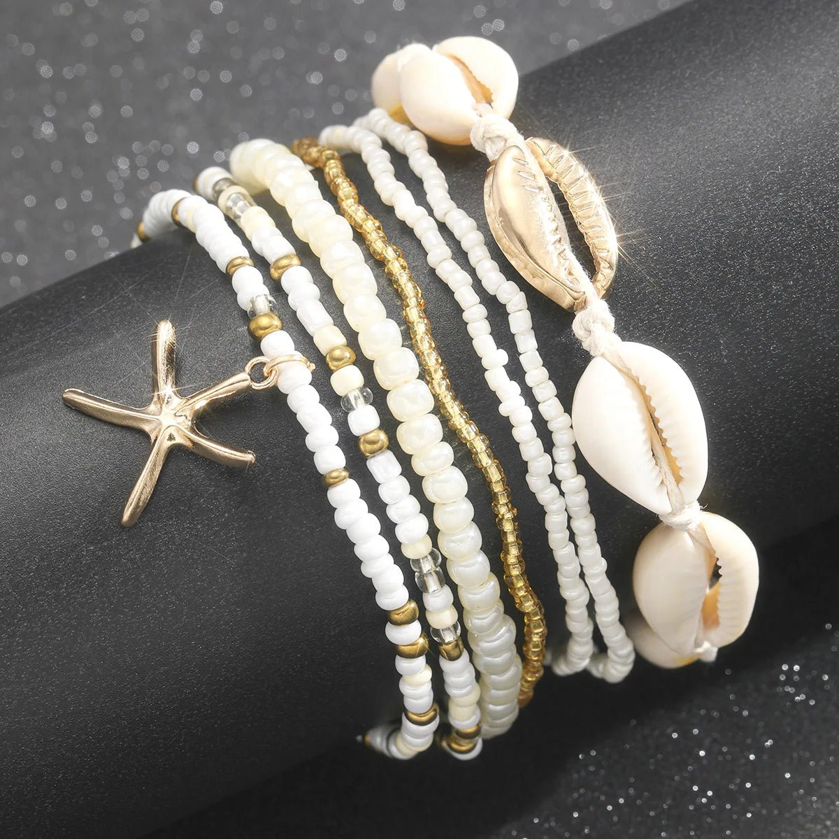 7pc Bohemian Anklet Set with Rice Beads and Starfish Pendant - Fashion Summer Beach Sea Shell Multilayer Ankle Bracelet Jewelry