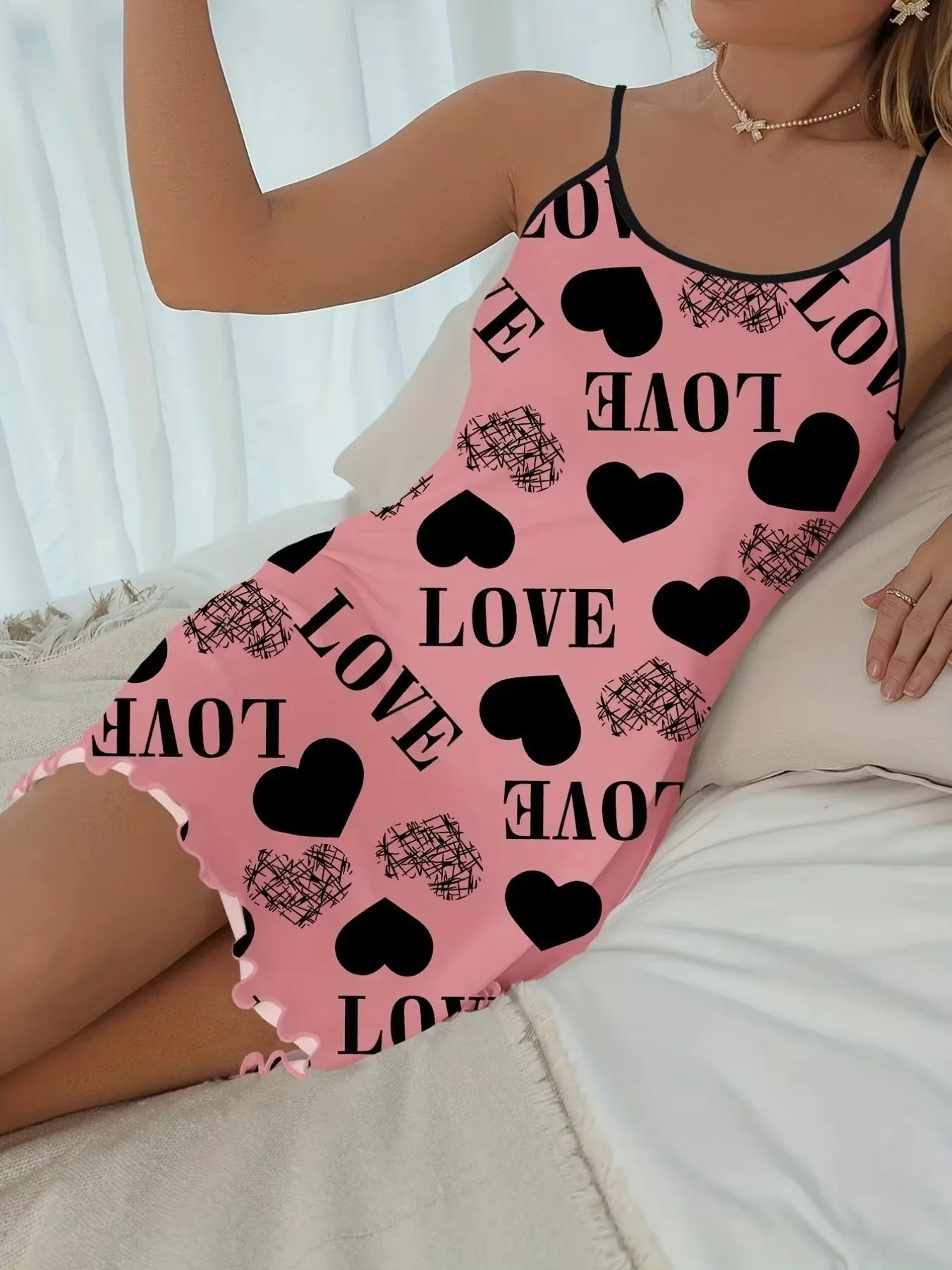 Love Heart Print Satin Nightgown for Women - Sexy Spaghetti Strap Sleepwear Dress and Soft Summer Loungewear Pajama Dress - Allurra Store
