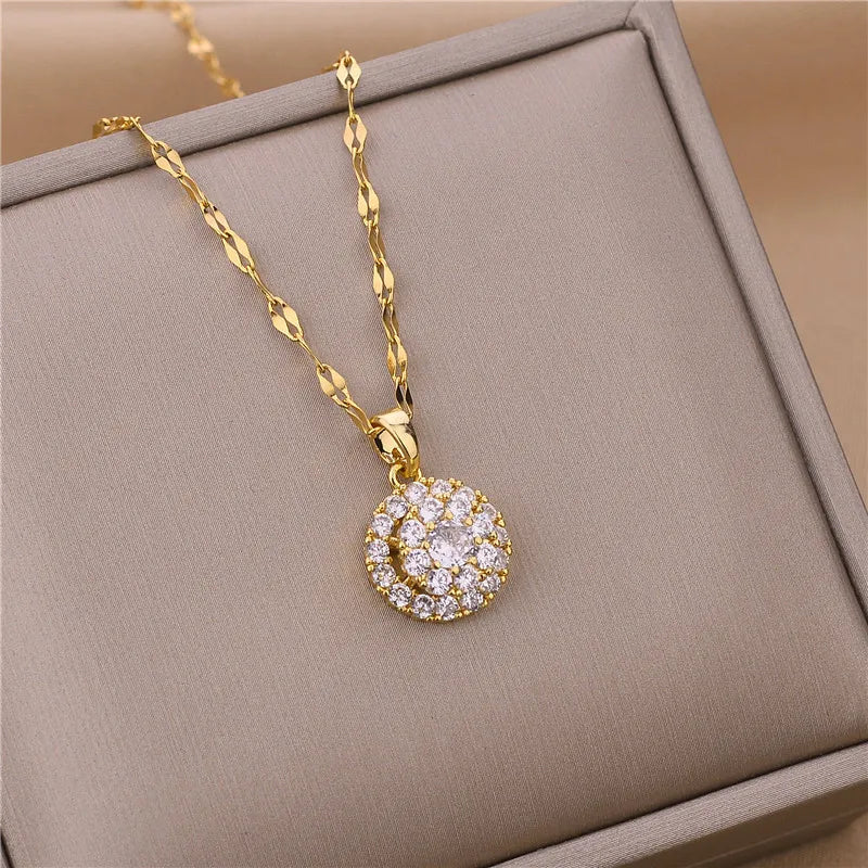 New Light Luxury Zircon Crystal Stainless Steel Necklace for Women - Korean Fashion Sweet Sexy Clavicle Chain Jewelry