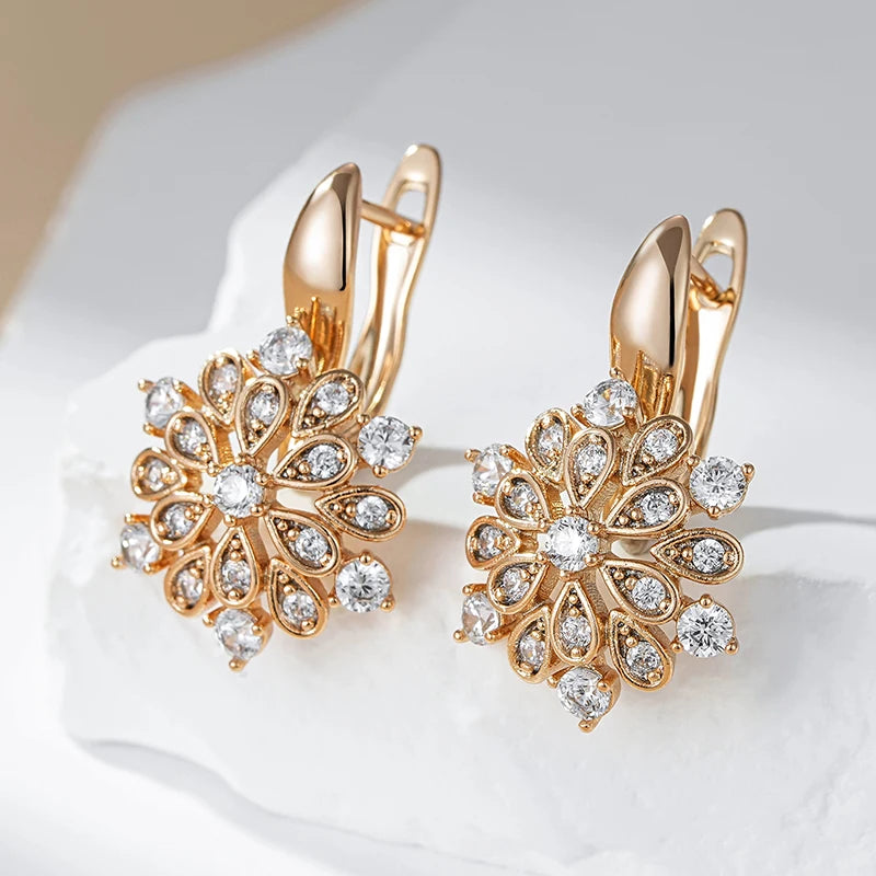 Kinel Hot 585 Rose Gold Crystal Dangle Earrings for Women - Shiny Natural Zircon Flower Design for Bride and Fine Jewelry