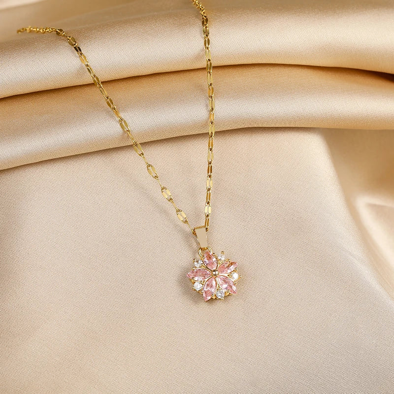 New Cute Pink Sakura Pendant Necklace for Women - Romantic Stainless Steel Clavicle Chain Jewelry Gift in Korean Fashion