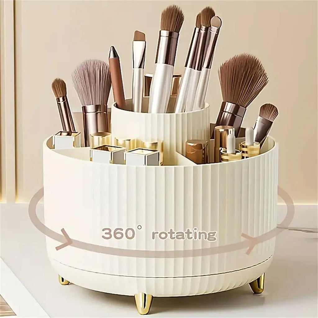360° Rotating Makeup Organizer - 1pc Plastic Cosmetic Storage with 5 Compartments for Brushes and Accessories - Allurra Store