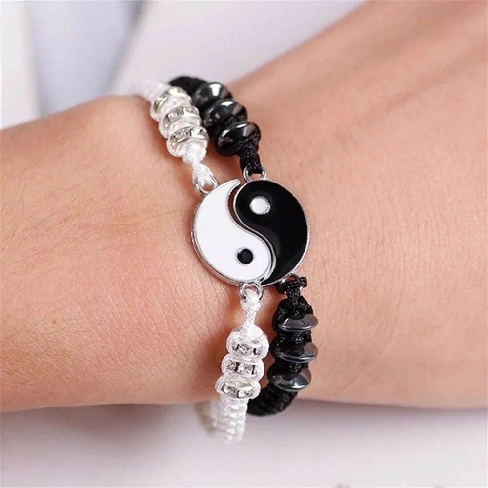 2 PC Couple Tai Chi Bracelet Set Black White Adjustable Rope Chain Daily Wear Jewelry