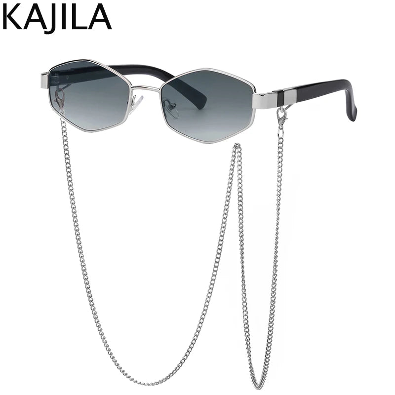 Luxury Punk Hexagon Sunglasses with Chain - Designer Small Frame