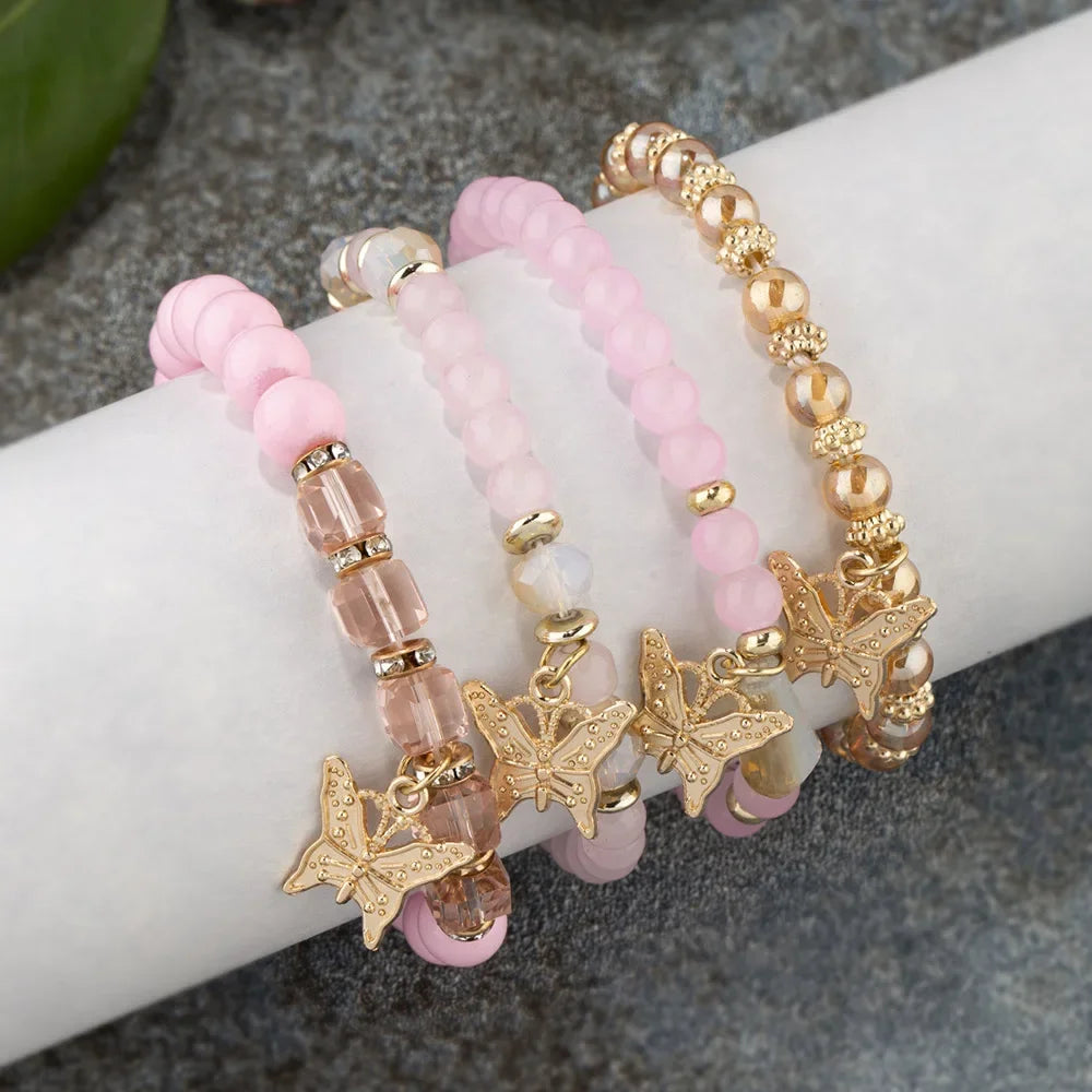 Trendy Butterfly Bracelet Set - 4Pcs Pink Acrylic Beaded Bangle for Women, Bohemian Party Jewelry Gift