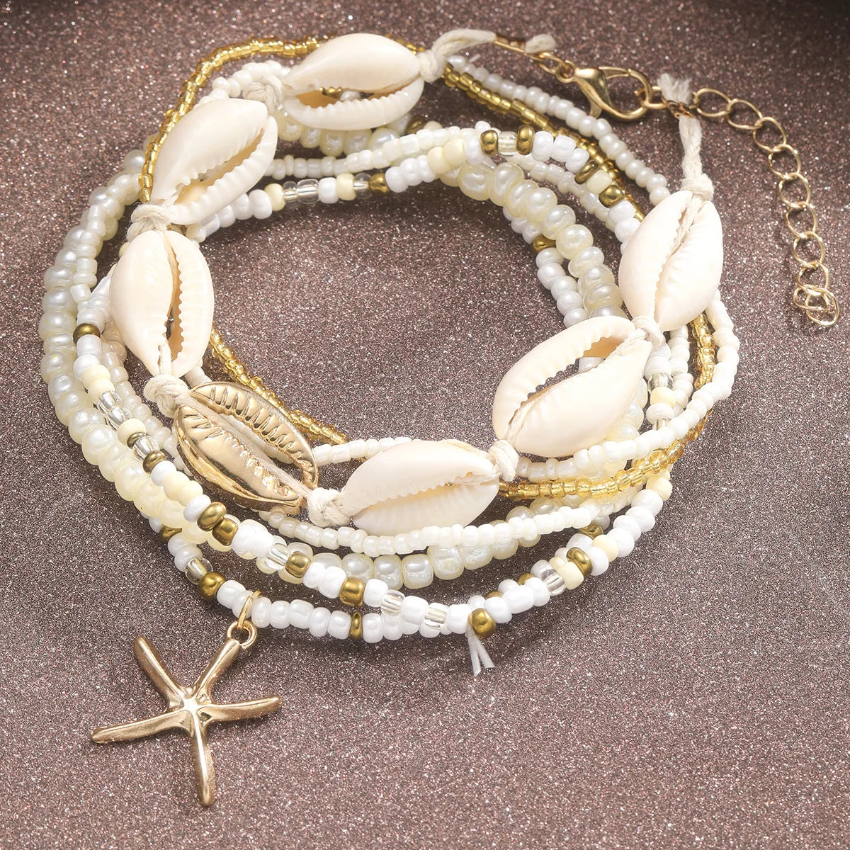 7pc Bohemian Anklet Set with Rice Beads and Starfish Pendant - Fashion Summer Beach Sea Shell Multilayer Ankle Bracelet Jewelry