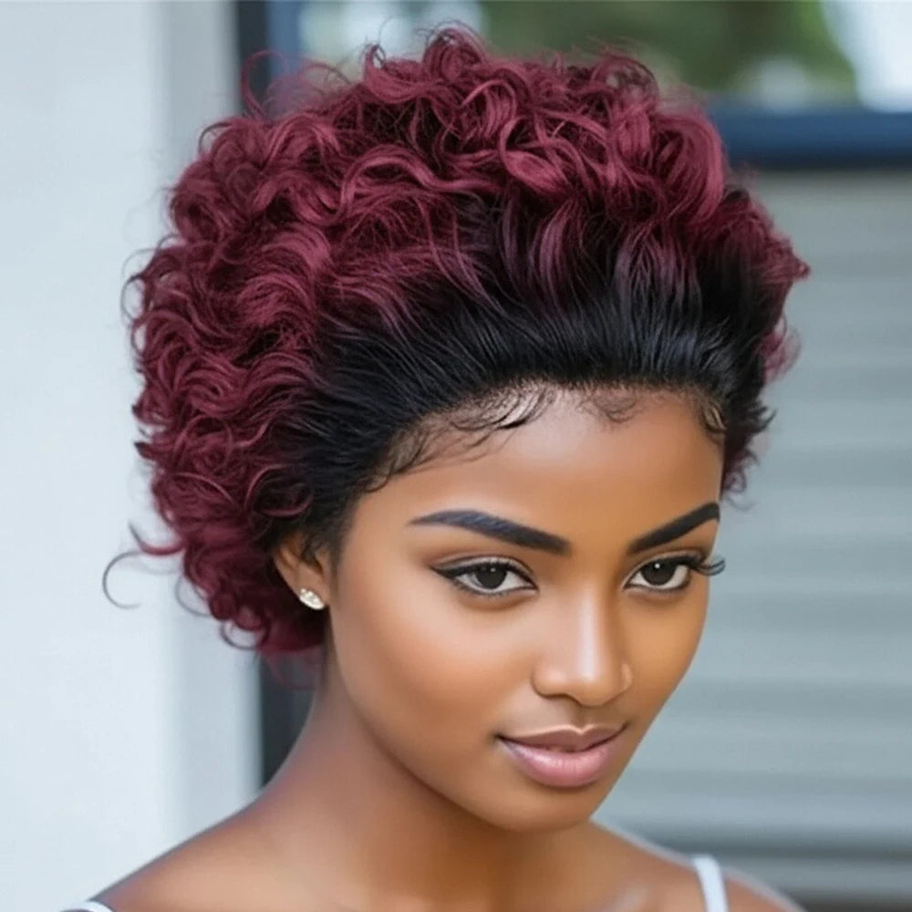 Ombre Burgundy Lace Front Wig - 13x4 Short Curly Pixie Cut Glueless Pre Plucked Human Hair Wig for Black Women