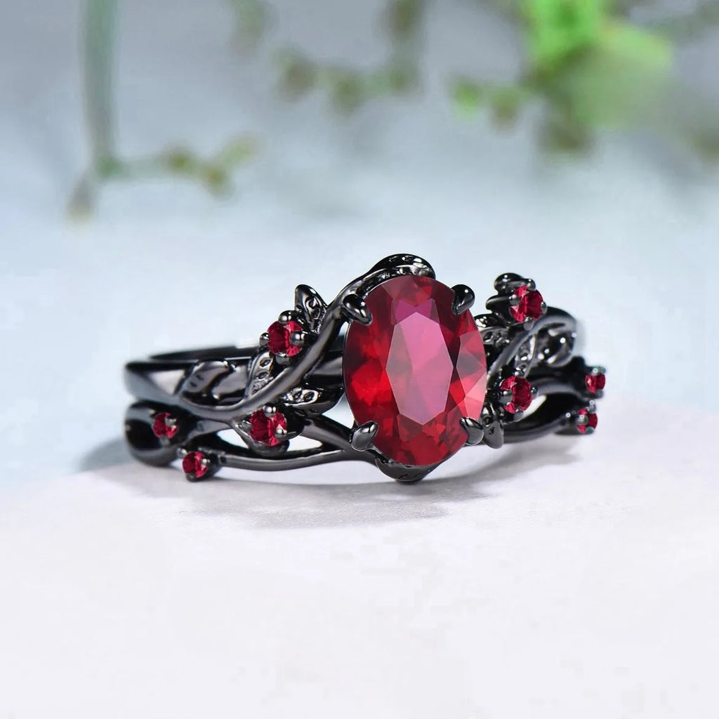 Charm Romantic Couple Rings Set with Red Rhinestones and Trendy Men's Stainless Steel Celtic Dragon Wedding Band Jewelry