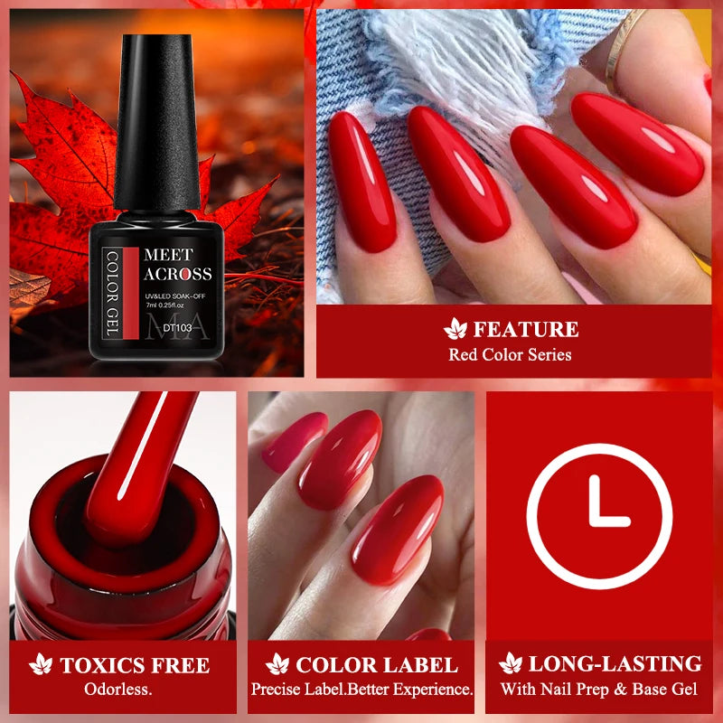 MEET ACROSS 7ml Red Gel Nail Polish - Crystal Semi Permanent Soak Off UV Gel Varnish for Stunning Nail Art Manicure with Matte Top Coat