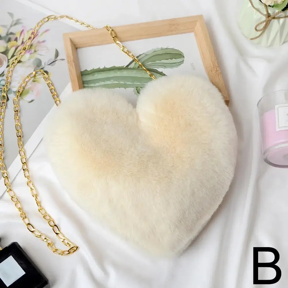 Fashion Women's Heart Shaped Handbags Cute Faux Fur Chain Shoulder Totes Crossbody Plush Bag