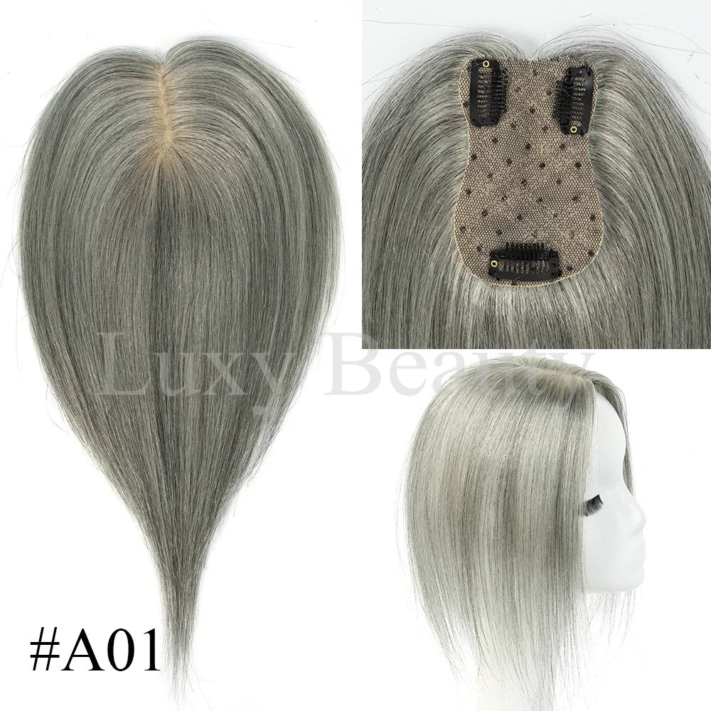 Gray Human Hair Topper for Women - 100% Natural Human Hair Clip-In Hairpiece in Black, Blonde, and Brown