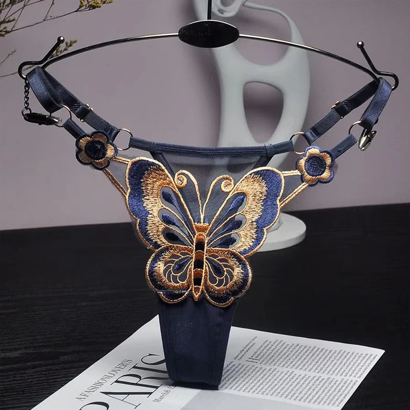 Sexy Lace Thong Women Butterfly Low Waist Panties G strings Transparent Mesh Briefs Adjustable Waist Panties Culotte Femme - Allurra Store