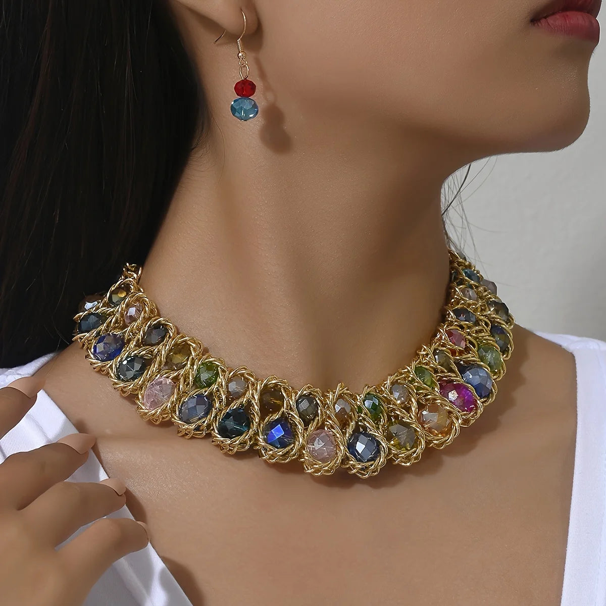 Boho Jewelry Set with Rhinestones: 1 Pair of Earrings + 1 Collar for Daily Party Accessories