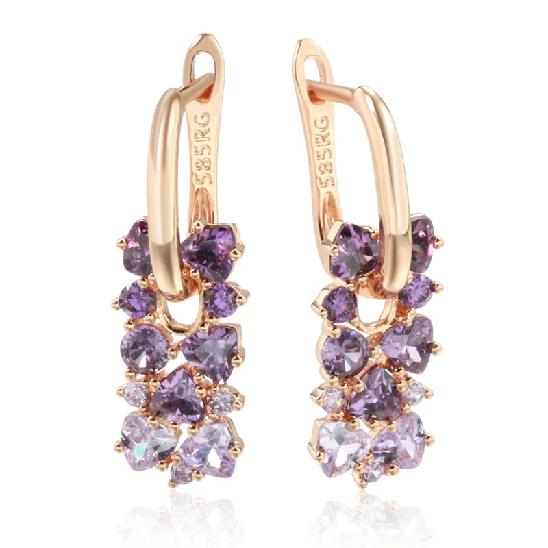 Kinel Hot Shiny Purple Zircon Drop Earrings for Women - 585 Rose Gold Wedding Jewelry Gift